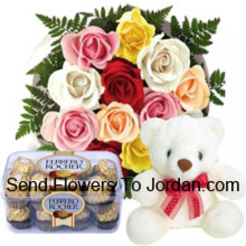 12 Roses Mixtes avec un Mignon Teddy et des Chocolats