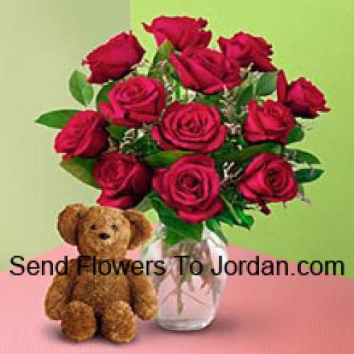 12 Roses en vase avec Teddy