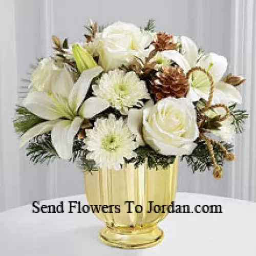 A highly sophisticated expression of the season's most dazzling moments. Snowy white roses, Asiatic lilies and chrysanthemums shed their light and beauty arranged amongst myrtle stems and assorted holiday greens. Accented by gold pinecones and gold cording and placed in a gold pedestal vase, this bouquet creates a wonderful wish for a truly wondrous holiday season. (Please Note That We Reserve The Right To Substitute Any Product With A Suitable Product Of Equal Value In Case Of Non-Availability Of A Certain Product)