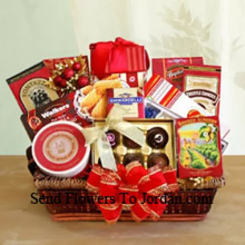 Invia i tuoi auguri questa Pasqua con il nostro cesto regalo gourmet progettato appositamente per l'occasione. Il nostro delizioso cesto porta vassoi contiene biscotti shortbread di Walker, assortimento di cioccolatini Ghirardelli, jelly beans Jelly Belly, pretzel al burro toffee, biscotti al tartufo, swirl al formaggio, mandorle affumicate, formaggio, biscotti al tè inglese, crackers all'acqua e una tavoletta di cioccolato Ghirardelli. La varietà lo rende perfetto quando vuoi assicurarti che ci sia qualcosa per tutti da gustare. Amerà l'elegante presentazione con un grande fiocco sul davanti e potrà tenere il cesto di vimini da usare a lungo dopo che il cibo è stato gustato (Si prega di notare che ci riserviamo il diritto di sostituire qualsiasi prodotto con un prodotto adeguato di pari valore in caso di non disponibilità di un certo prodotto)