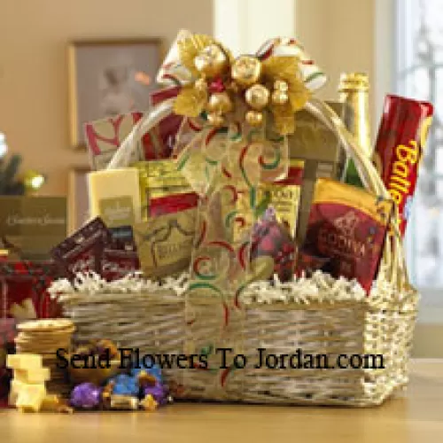 This gift basket shines for the holidays with a great selection of gourmet food for all. A shimmering basket holds Dutch Gouda Cheese Biscuits, Crantastic Snack Mix, Chocolate Cocoa, Scottish Shortbread Fingers, Roasted Peanuts, assorted Godiva Dark Chocolates, Smoky Cheddar, Fancy Water Crackers, Swedish Ballerina Cookies, Holiday Mints, Bellagio Caramella Coffee, Christmas Tea, and non-alcoholic Sparkling Apple Cider. It makes a nicely balanced selection of sweet and savory foods that are sure to please. (Please Note That We Reserve The Right To Substitute Any Product With A Suitable Product Of Equal Value In Case Of Non-Availability Of A Certain Product)